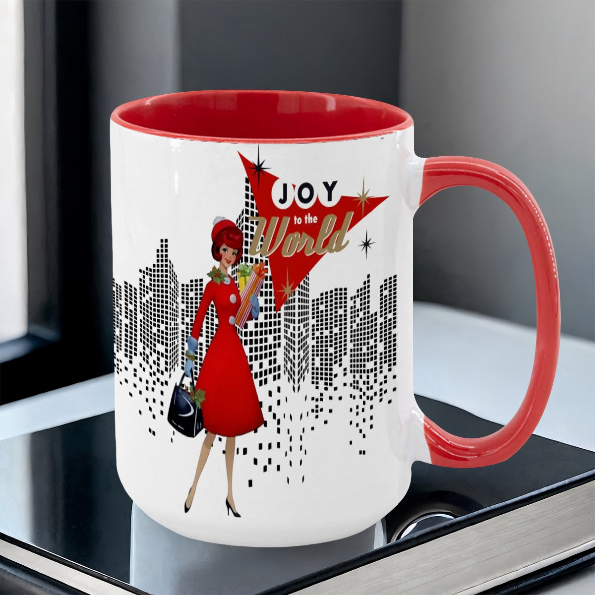 Mid Century Modern Christmas Joy To The World Mod Gal Cityscape Holiday Mug - Mid Century Modern Gal