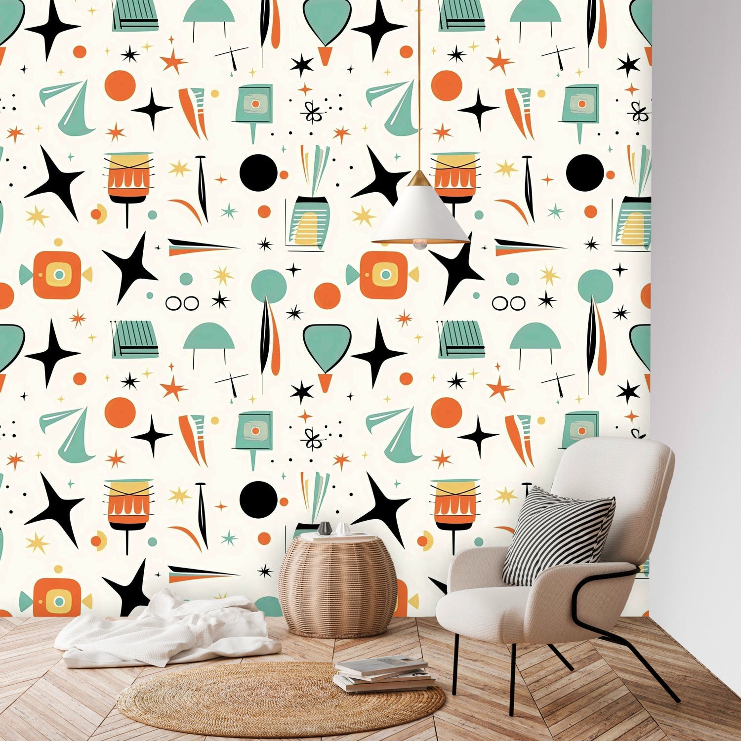 Mid Century Modern Wallpaper Wall Murals, Peel And Stick Starbursts Retro Designs - Mid Century Modern Gal