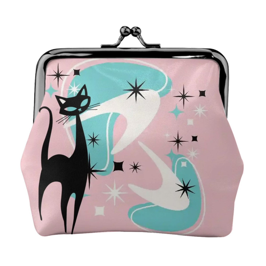 Atomic Pink Aqua Boomerang Kitschy Cat Mod Coin Purse for Women - Mid Century Modern Gal