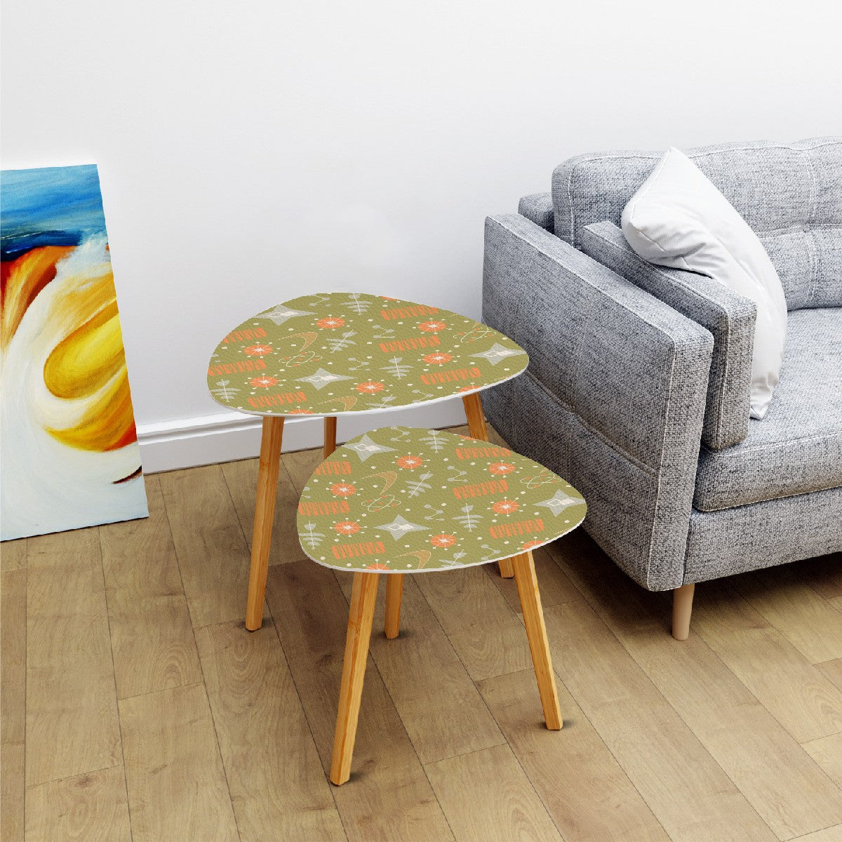 Atomic Starburst Green Orange Boomerang Space Age MCM Nesting Tables - Mid Century Modern Gal