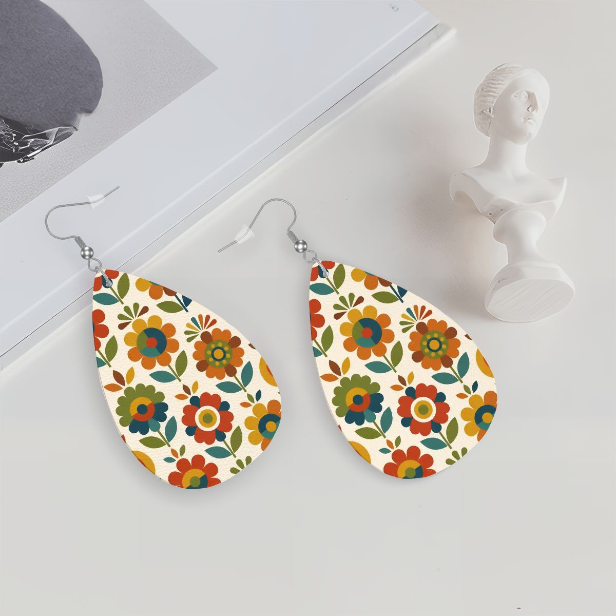Mid Century Modern Scandinavian Floral Earth Tones  Vegan Leather Teardrop Earrings - Mid Century Modern Gal