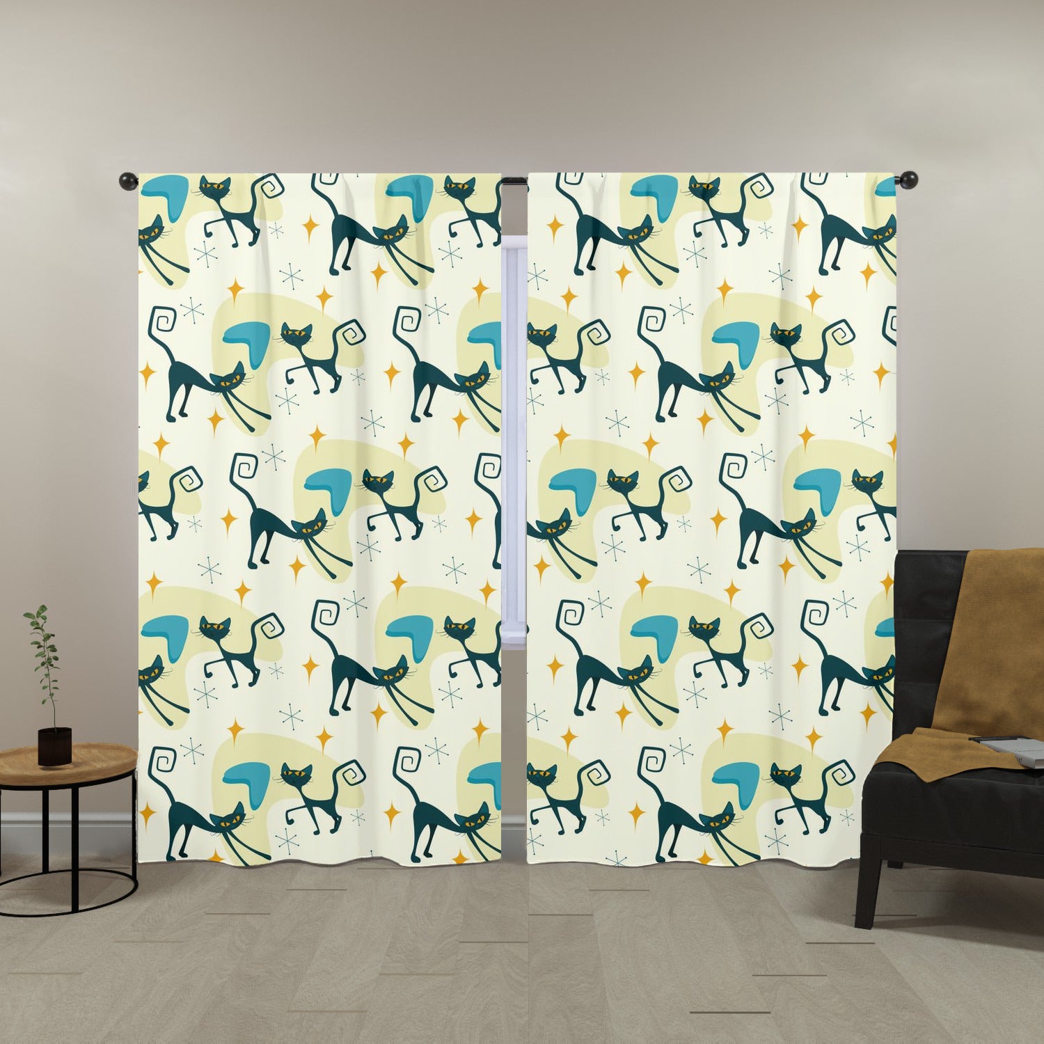 Atomic Cat Mid Century Modern Window Curtains (two panels)