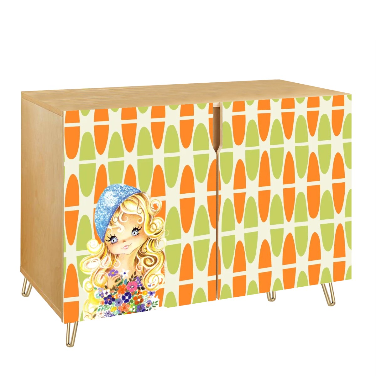 Retro 60s 70s Big Eyed Girl Mid Mod Orange Green Mid Century Modern Wooden Storage Cabinet - Mid Century Modern Gal