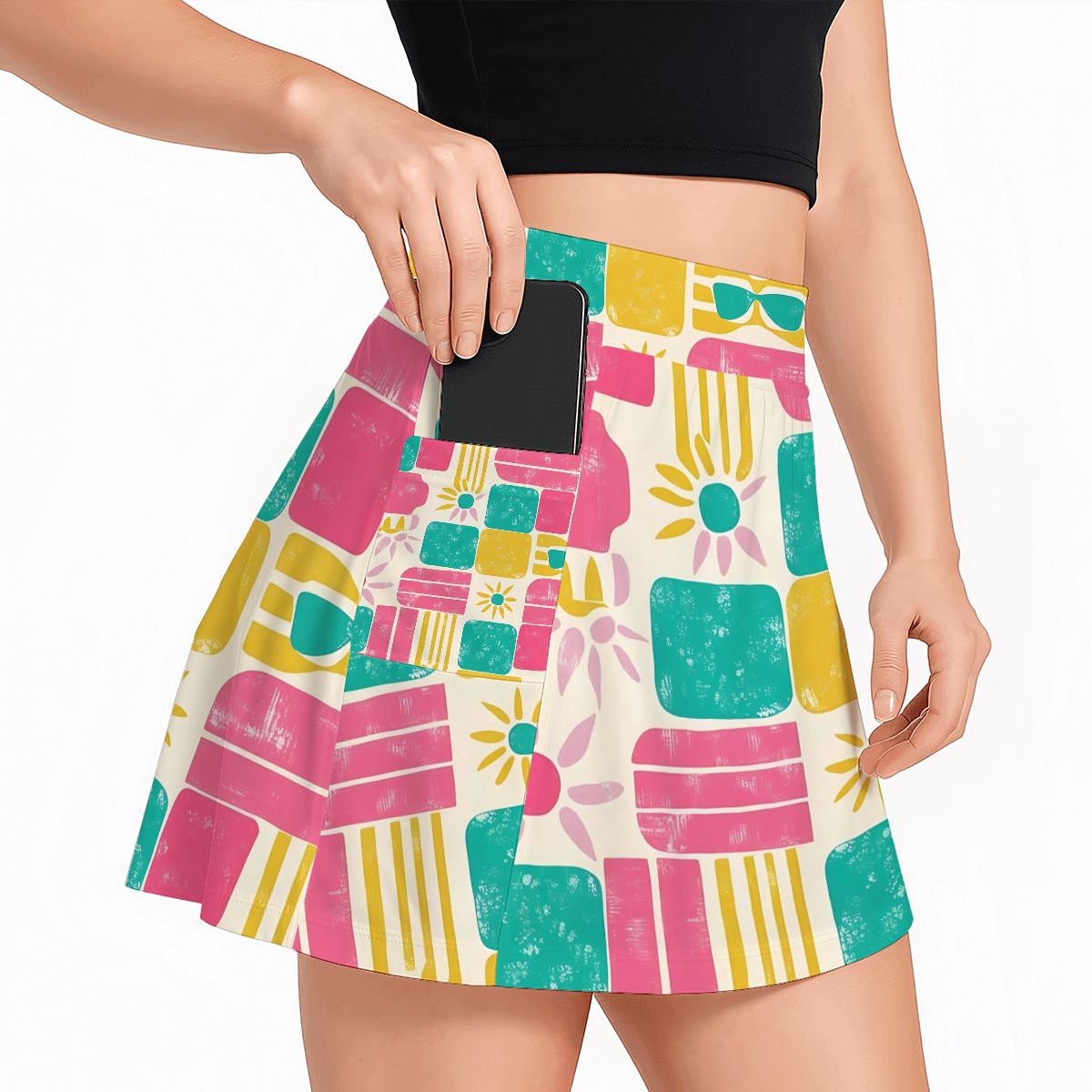 Retro Women's Tennis Skort With Pockets, Hot Pink, Yellow, Teal Green Mod Skirt - Mid Century Modern Gal