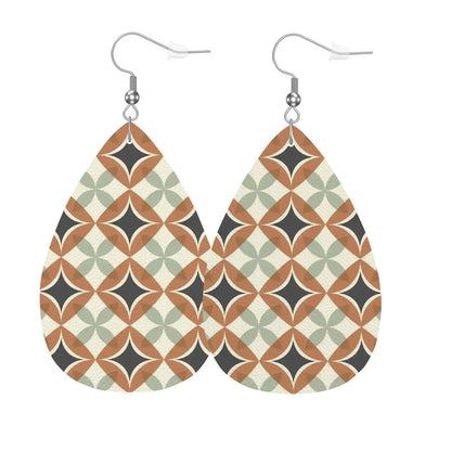 Mid Century Modern Interlocking Geometric, Terracotta Sage Charcoal Vegan Leather Teardrop Earrings - Mid Century Modern Gal