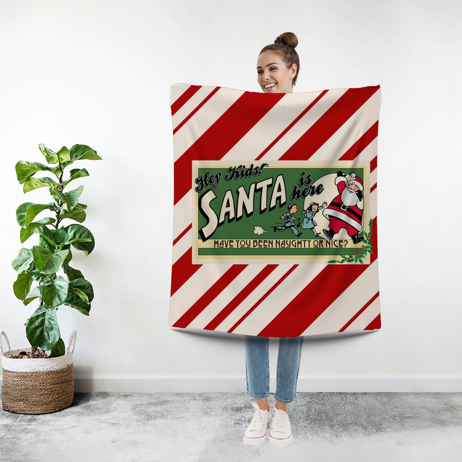 Vintage Santa Claus Kitschy Mod Candy Can 50s Ad Christmas Holiday Minky Blanket