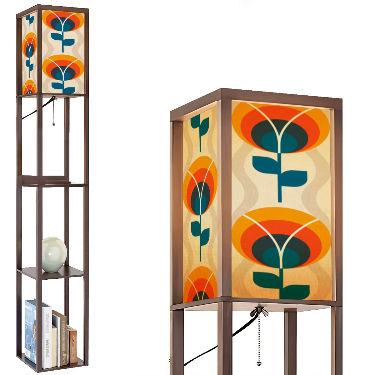 Scandinavian Flower Orange Blue, Retro Mid Century Modern Floor Lamp With Shelves - Mid Century Modern Gal