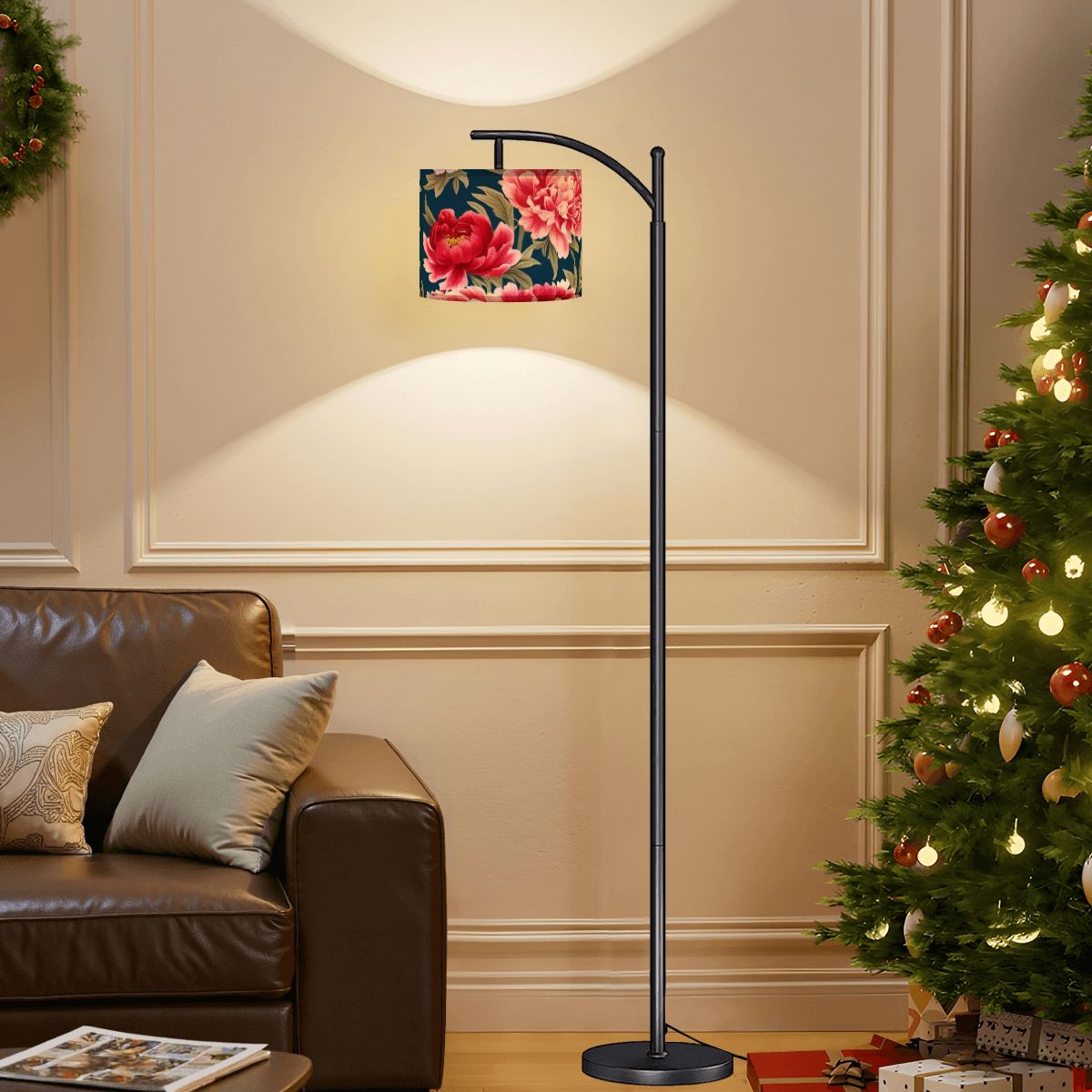 Chinoiserie Royal Blue Pink, Red Roses And Peony Floral Modern Arc Floor Lamp - Mid Century Modern Gal