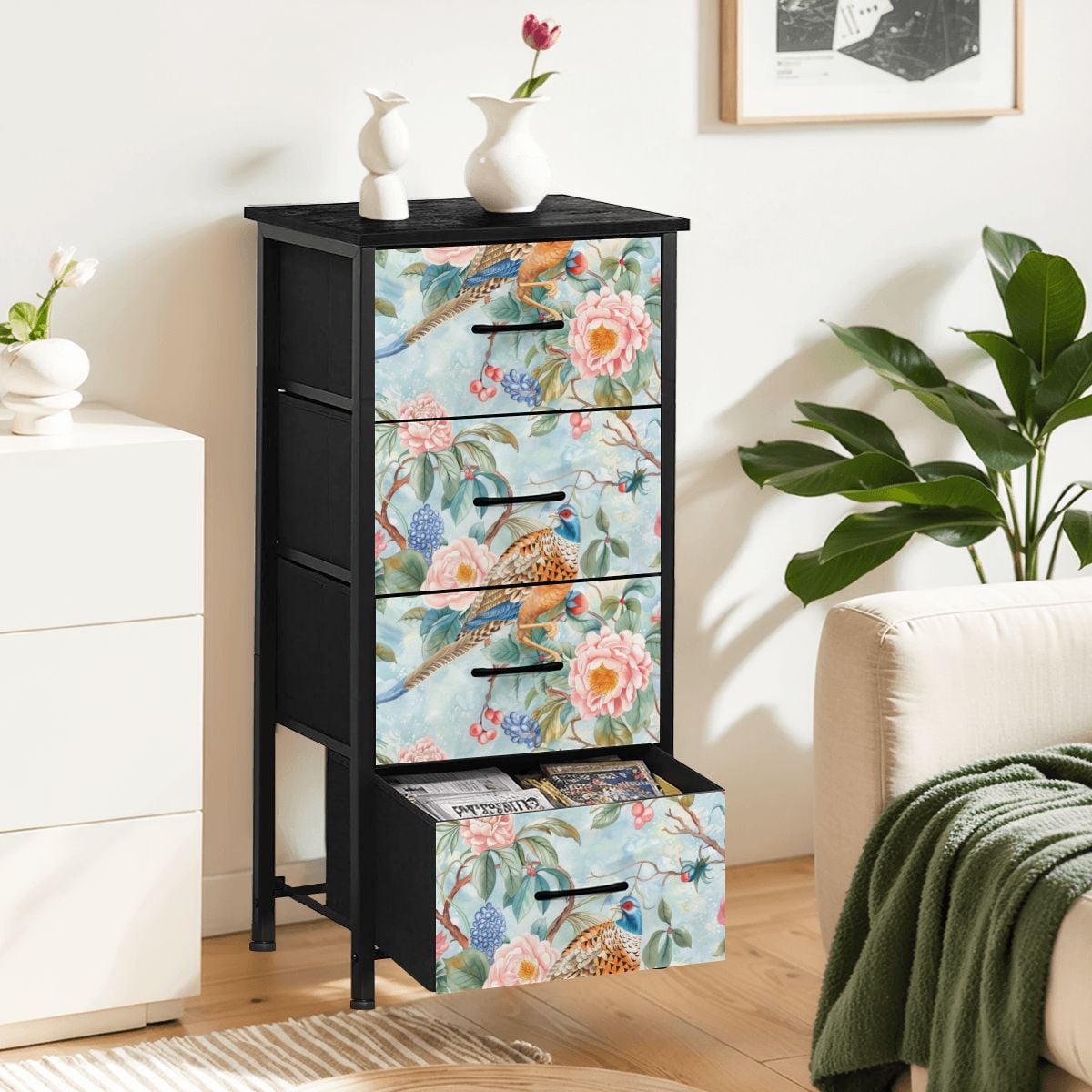 Chinoiserie Designed Floral Blue Pink Cottagecore Beautiful Botanical 4-Drawer Dresser Chinoiserie Designed Floral Blue Pink Cottagecore Beautiful Botanical 4-Drawer Dresser