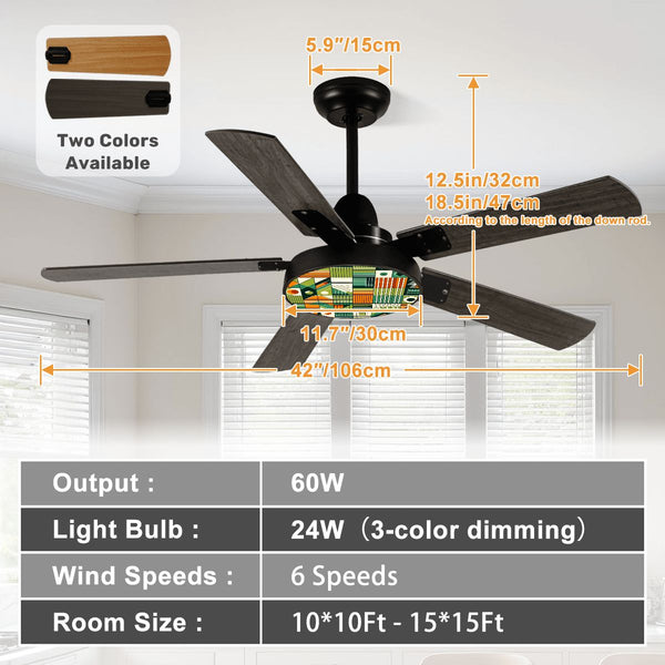 Mid Century Modern Bauhaus Geometric Designed Green, Orange Ceiling Fan With Light