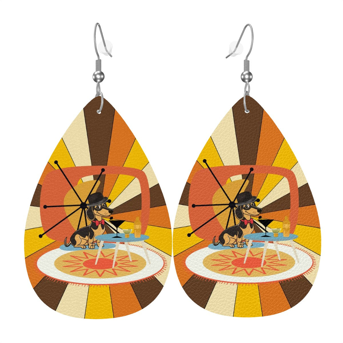 Doxie Mom Weiner Dog Retro 70s Designed Faux Leather Teardrop Earrings - Mid Century Modern Gal