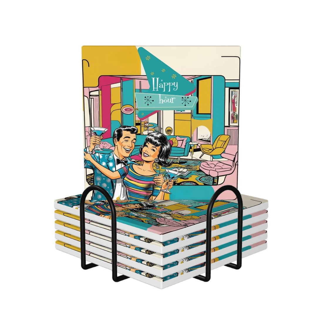Mid Century Modern Barware Kitschy Mod Retro Square Ceramic Coasters Set of 6 - Mid Century Modern Gal