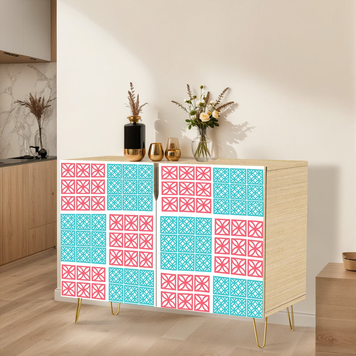 1950s Breeze Block Design, Coral, Aqua Mid Century Modern Wooden Storage Cabinet - Mid Century Modern Gal