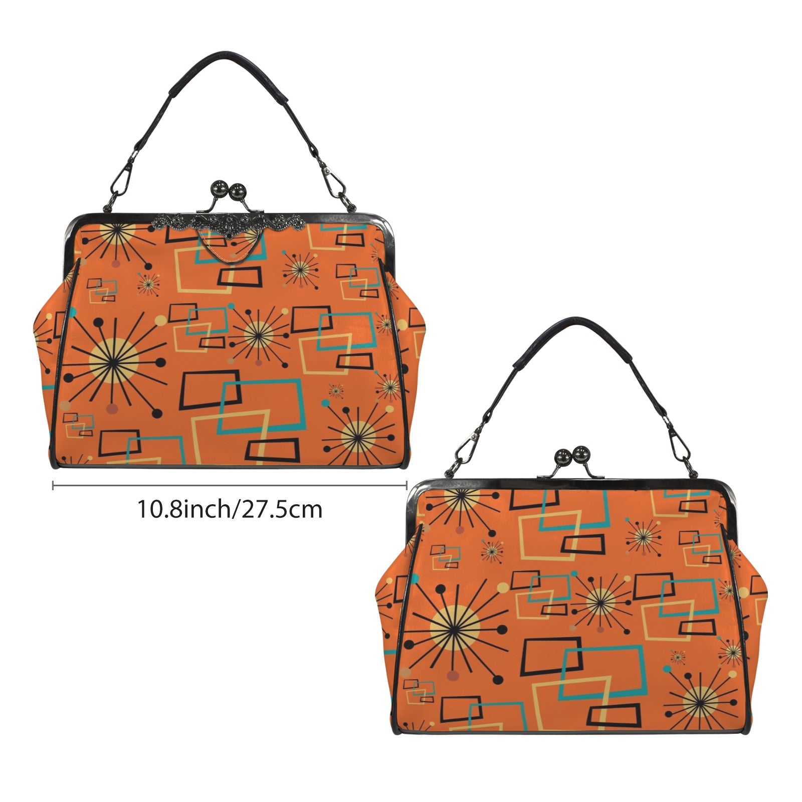 Mid Century Modern Sinatra Orange, Starburst, Geometric Funky Fun Kisslock Crossbody Purse - Mid Century Modern Gal