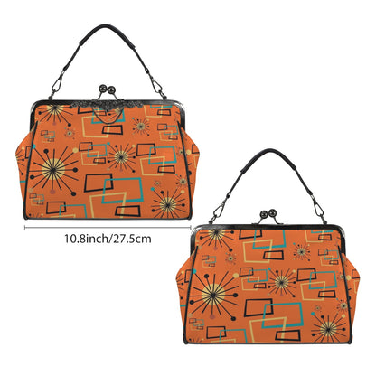 Mid Century Modern Sinatra Orange, Starburst, Geometric Funky Fun Kisslock Crossbody Purse - Mid Century Modern Gal