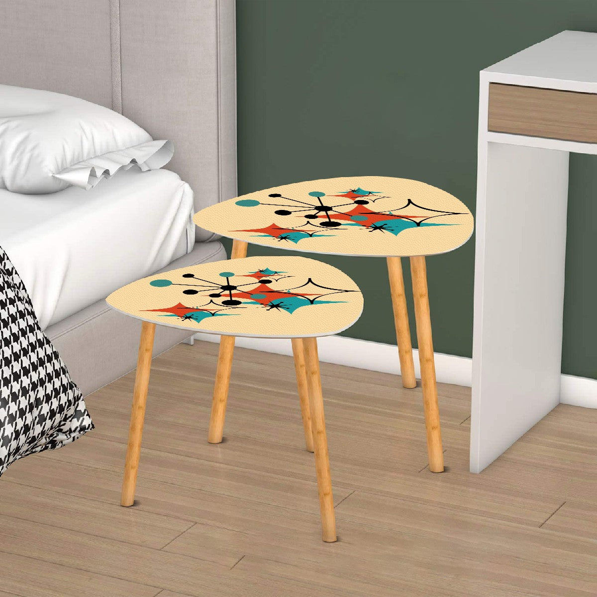 Mid Century Modern Atomic Starbursts, Retro Triangle Coffee Table Set - Mid Century Modern Gal