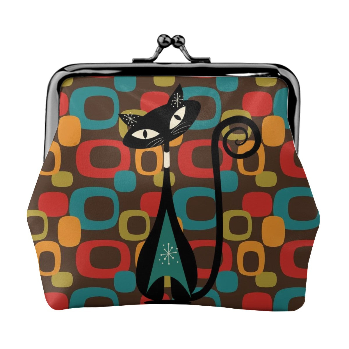 Kitschy Mod Atomic Cat Brown Groovy Geometric Design Coin Purse for Women - Mid Century Modern Gal