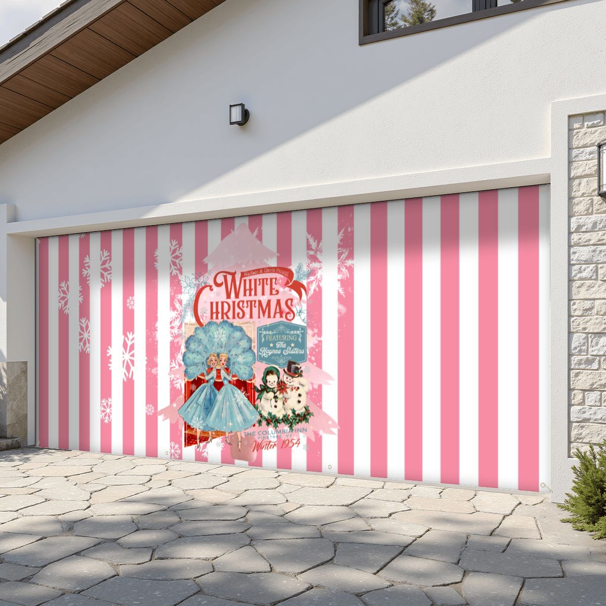Wallace and Davis Kitschy Christmas Pink White Striped Garage Door Banner Backdrop - Mid Century Modern Gal