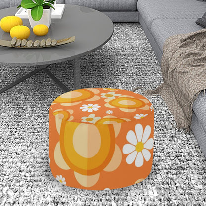 1970s Flower Power Retro Orange Mod Daisy Design MCM Round Pouf Ottoman