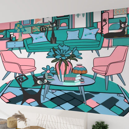 Atomic Cat Lounge Mid Century Modern Pink Teal Kitschy Mod Canvas Self Adhesive Wallpaper - Mid Century Modern Gal