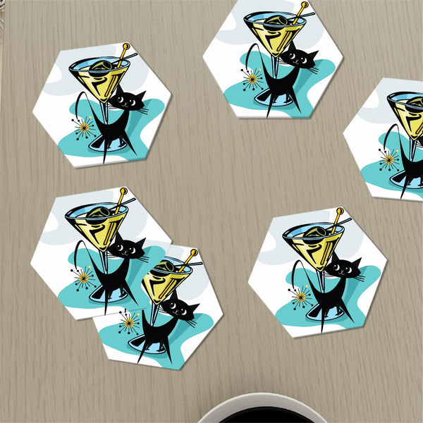 Atomic Martini Cat Mid Century Modern Barware Hexagon Ceramic Coasters Set of 6
