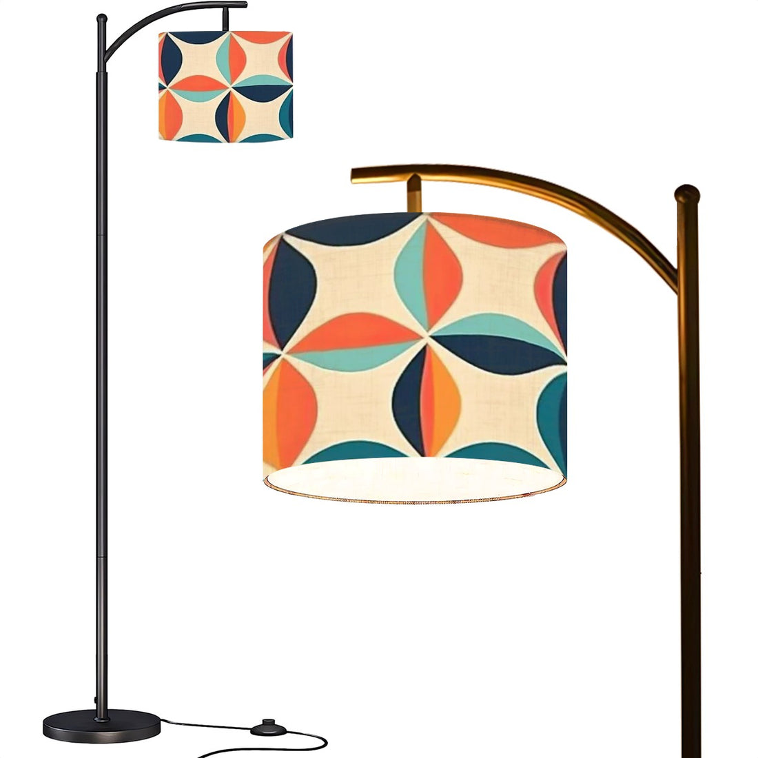 Mid Century Modern Arc Floor Lamp Scandinavian Blue, Orange, Teal 60s Geometric Pattern