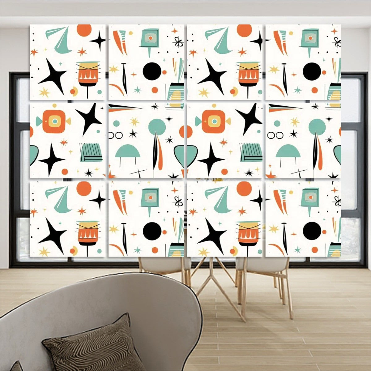 Mid Century Modern Hanging Room Divider In Sputnik, Mod Design, One Side Print - Mid Century Modern Gal