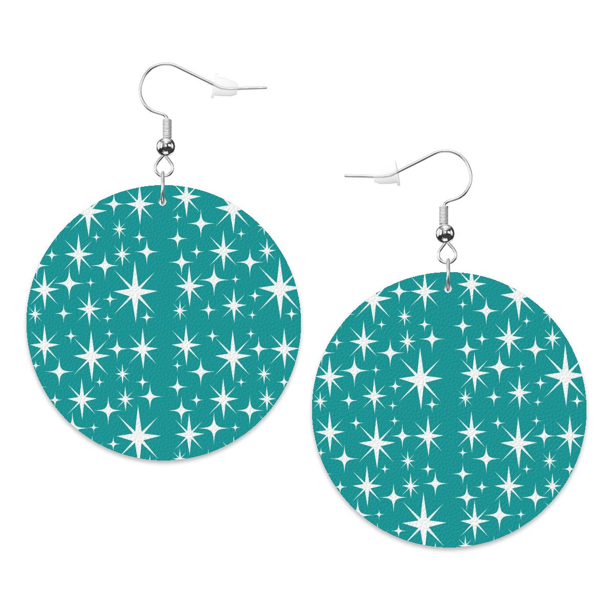 Atomic Starburt Kitschy Mod Teal Faux Leather Round Earrings - Mid Century Modern Gal