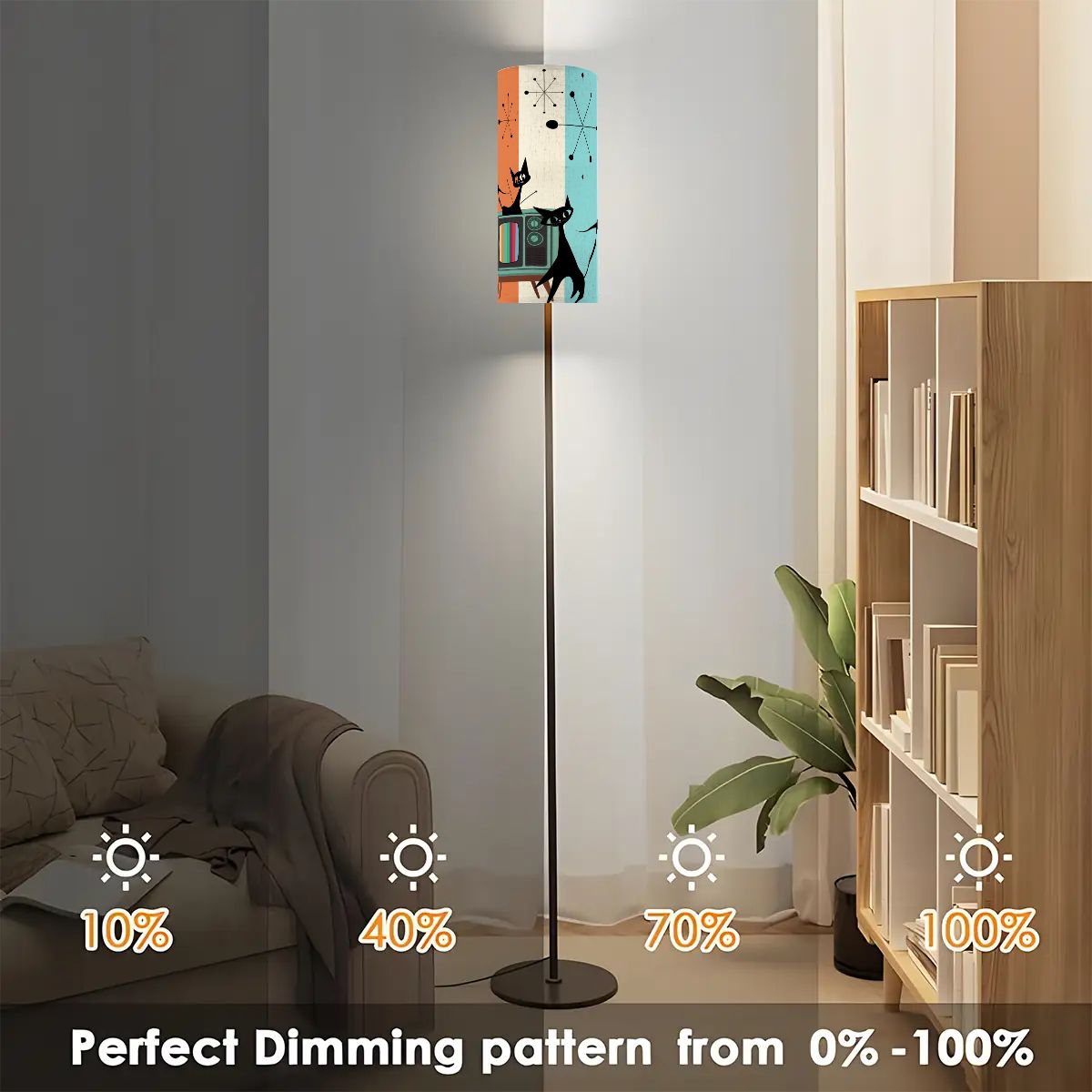 Atomic Kitschy Cats, Mid Century Modern Aqua Orange, Cream Starburst Retro Slim Floor Lamp Modern Standing Lamp - Mid Century Modern Gal