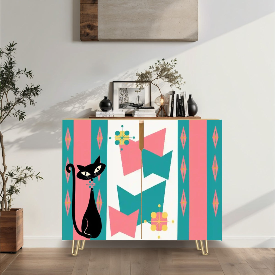 Mid Century Modern Atomic Cat, Pink Teal Mid Mod Kitschy Wooden Storage Cabinet - Mid Century Modern Gal