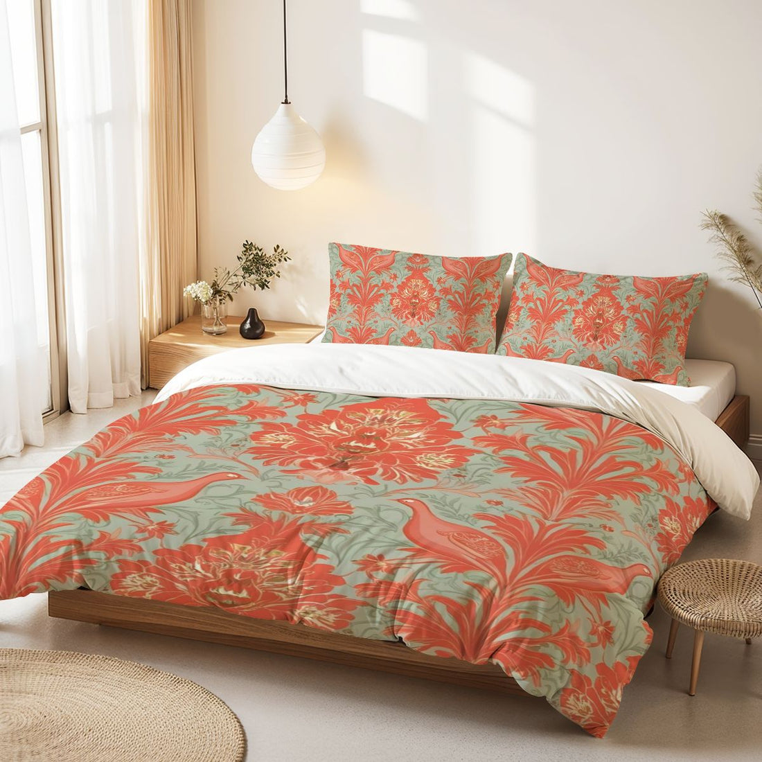 Chinoiserie Coral, Green Floral Botanicals Exotic Bird Queen Duvet Cover Set - Mid Century Modern Gal