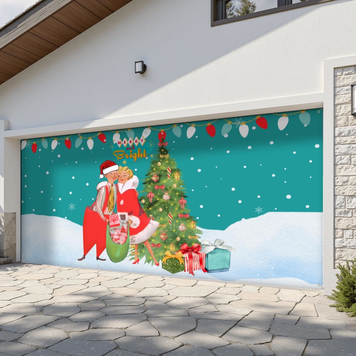 Mid Century Modern Merry and Bright Christmas Tree Garage Door Banner Backdrop - Mid Century Modern Gal