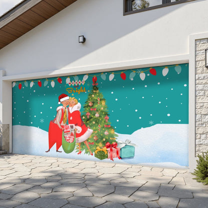 Mid Century Modern Merry and Bright Christmas Tree Garage Door Banner Backdrop - Mid Century Modern Gal
