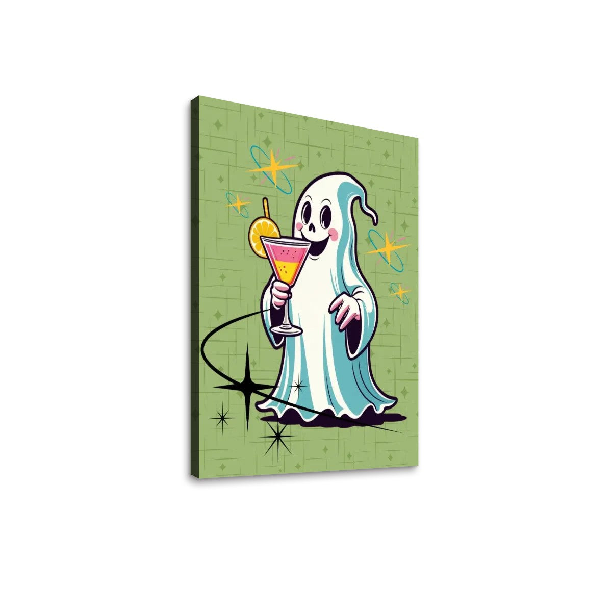 Kitschy Retro Ghost Cocktail Hour, Mid Century Modern Wall Art, Green Starbursts Design - Mid Century Modern Gal