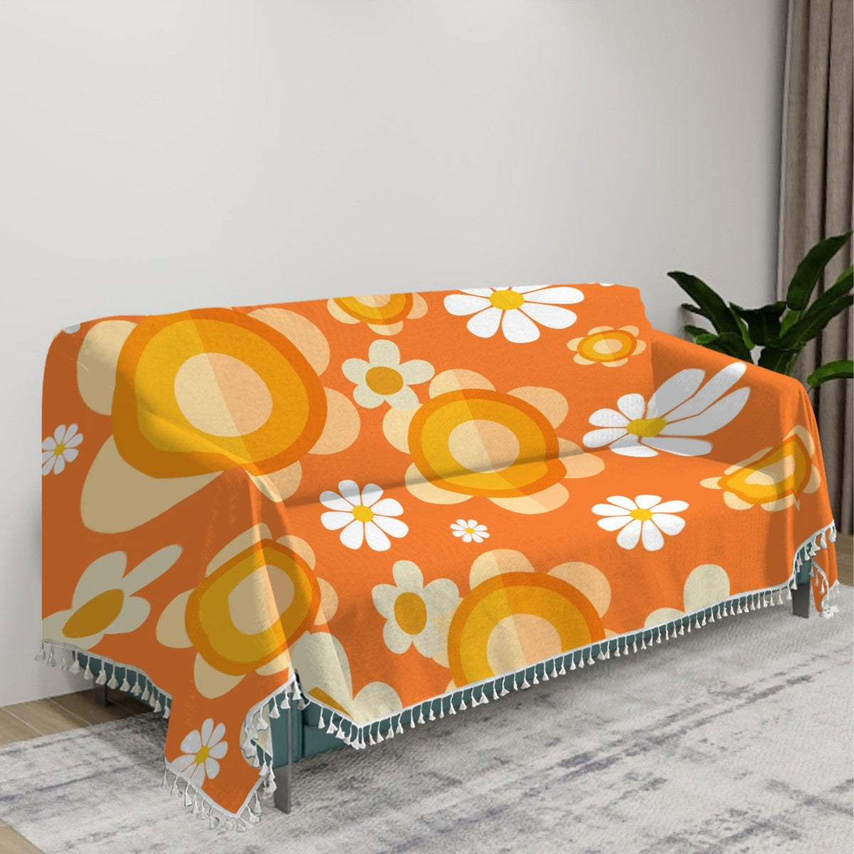 Retro Sofa Cover, Orange Flower Power 70s Home Decor Couch Covers Blanket - Mid Century Modern Gal