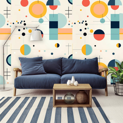 Mid Century Modern Bauhaus Designed, Geometric Yellow, Orange, Aqua MCM Peel And Stick Wall Murals