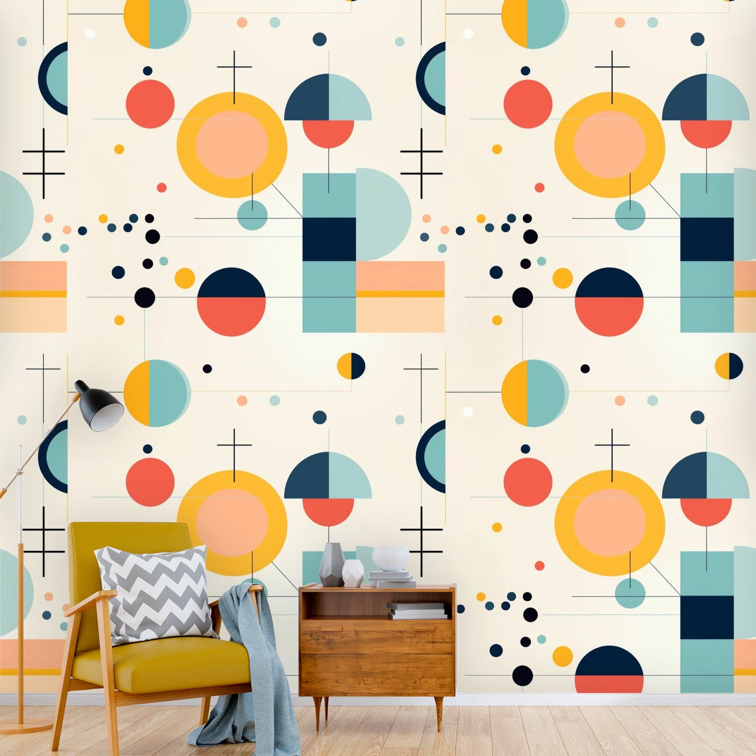 Mid Century Modern Bauhaus Designed, Geometric Yellow, Orange, Aqua MCM Peel And Stick Wall Murals