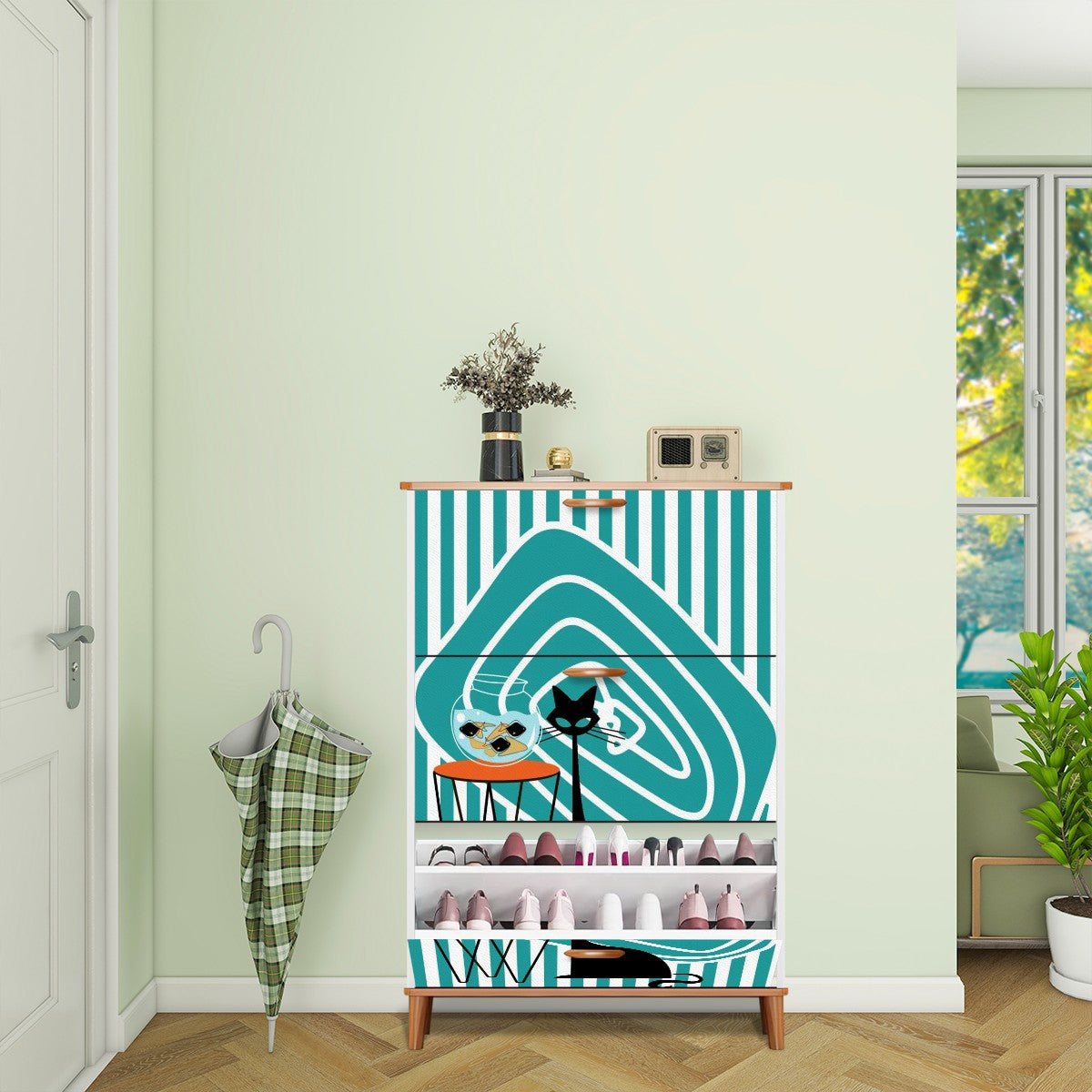 Atomic Kitschy Black Cat, Striped Mod Retro Shoe Cabinet - Mid Century Modern Gal