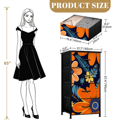 Bohemian Floral Navy Blue, Orange, Retro 4-Drawer Dresser - Mid Century Modern Gal