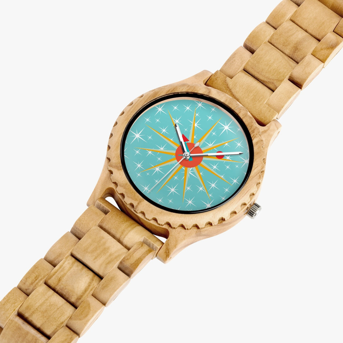 Mid Century Modern Starburst Clock, Retro Unisex Italian Olive Lumber Wooden Watch