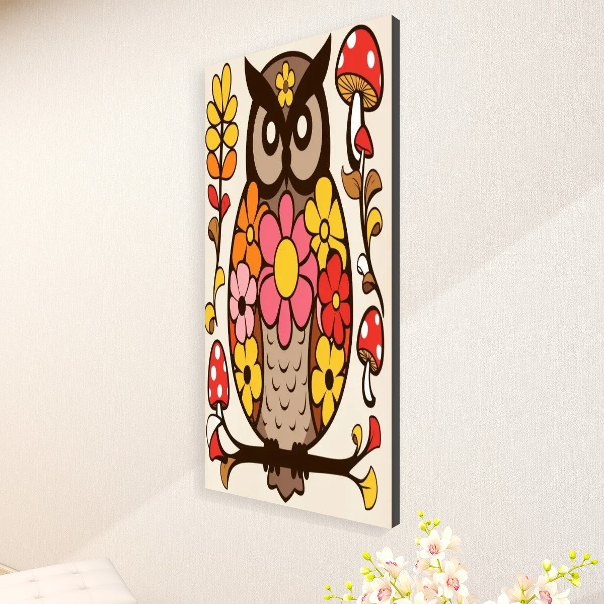 Groovy 70s Retro Owl Wall Art, Mushroom Floral Mid Mod Large Canvas Art - Mid Century Modern Gal