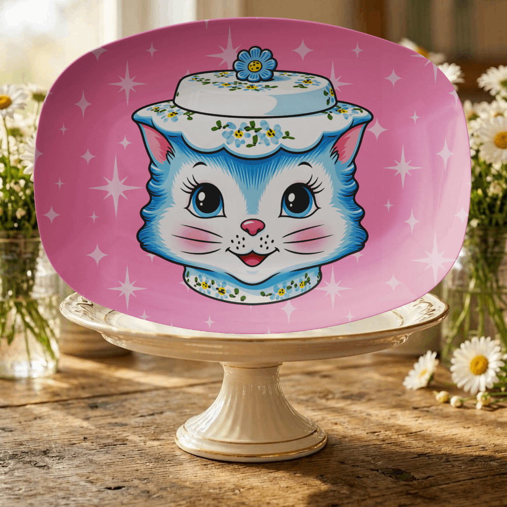 Mid Century Modern Kitschy Anthropomorphic Blue Cat with Floral Hat Party Platter