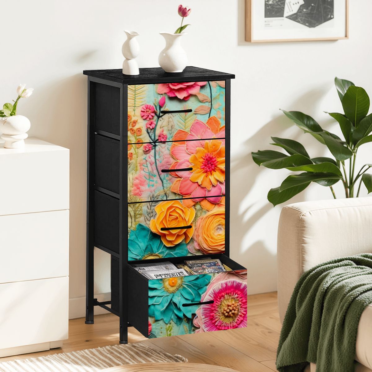 Bohemian Retro Flower, Faux Pressed Floral Mod 4-Drawer Dresser - Mid Century Modern Gal
