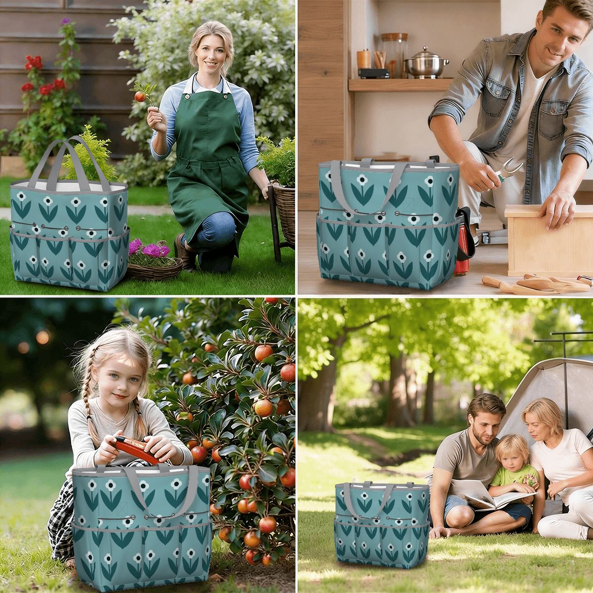Scandinavian Teal Floral Mid Century Modern Garden Tool Bag