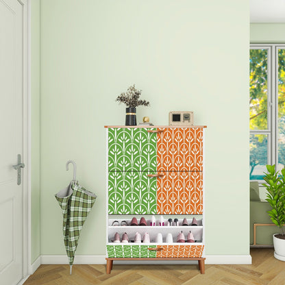 Art Deco Modern Shoe Storage Cabinet | Green Grass And Tangerine Orange Stylish &amp; Functional Entryway Organizer - Mid Century Modern Gal