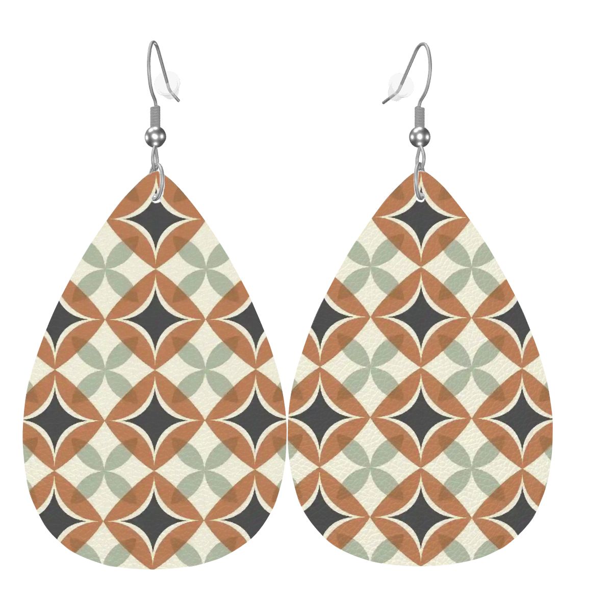 Mid Century Modern Interlocking Geometric, Terracotta Sage Charcoal Vegan Leather Teardrop Earrings - Mid Century Modern Gal