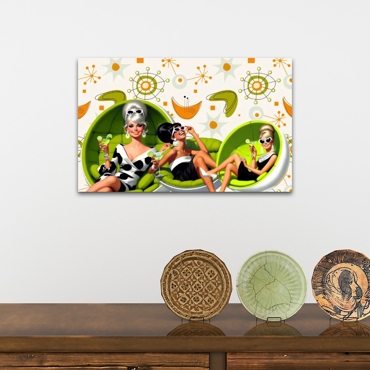 Mid Mod 60s Martini Cocktail Gals, Fun Atomic Mid Century Modern Wall Art - Mid Century Modern Gal