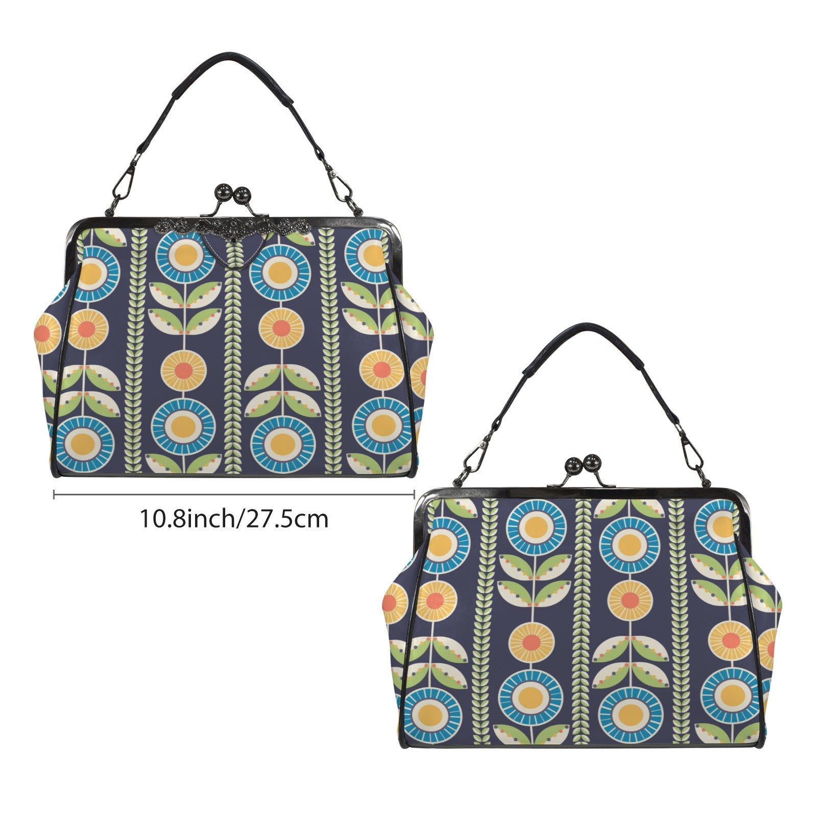Modern Scandinavian Flower Blue, Orange, Yellow, Green Mid Century Modern Kisslock Crossbody Purse - Mid Century Modern Gal