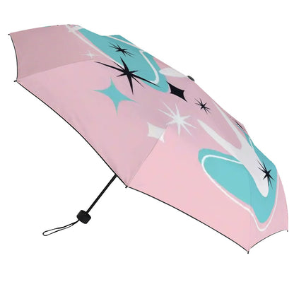 Pink And Aqua Atomic Boomerang Mid Mod Starbursts Designed UV Protection Umbrella - Mid Century Modern Gal