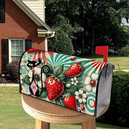 Strawberry Fields Summer Atomic Cat Retro Fun Magnetic Mailbox Covers - Mid Century Modern Gal